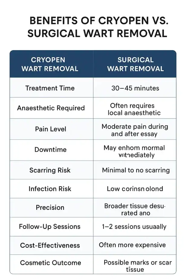 Table showing the benefits of cryopen to remove warts Weybridge compared to surgical treatment